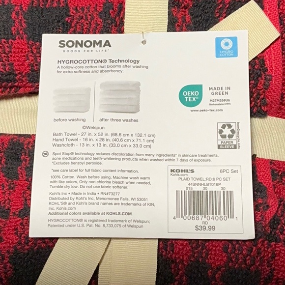 Sonoma Red and Black Checkered Towel 6 PC Set NWT - Picture 3 of 4